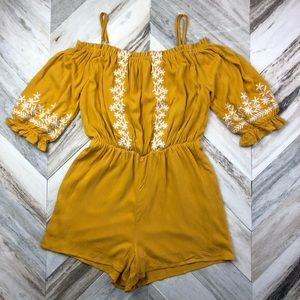 Francesca’s Blue Rain Mustard Yellow Romper